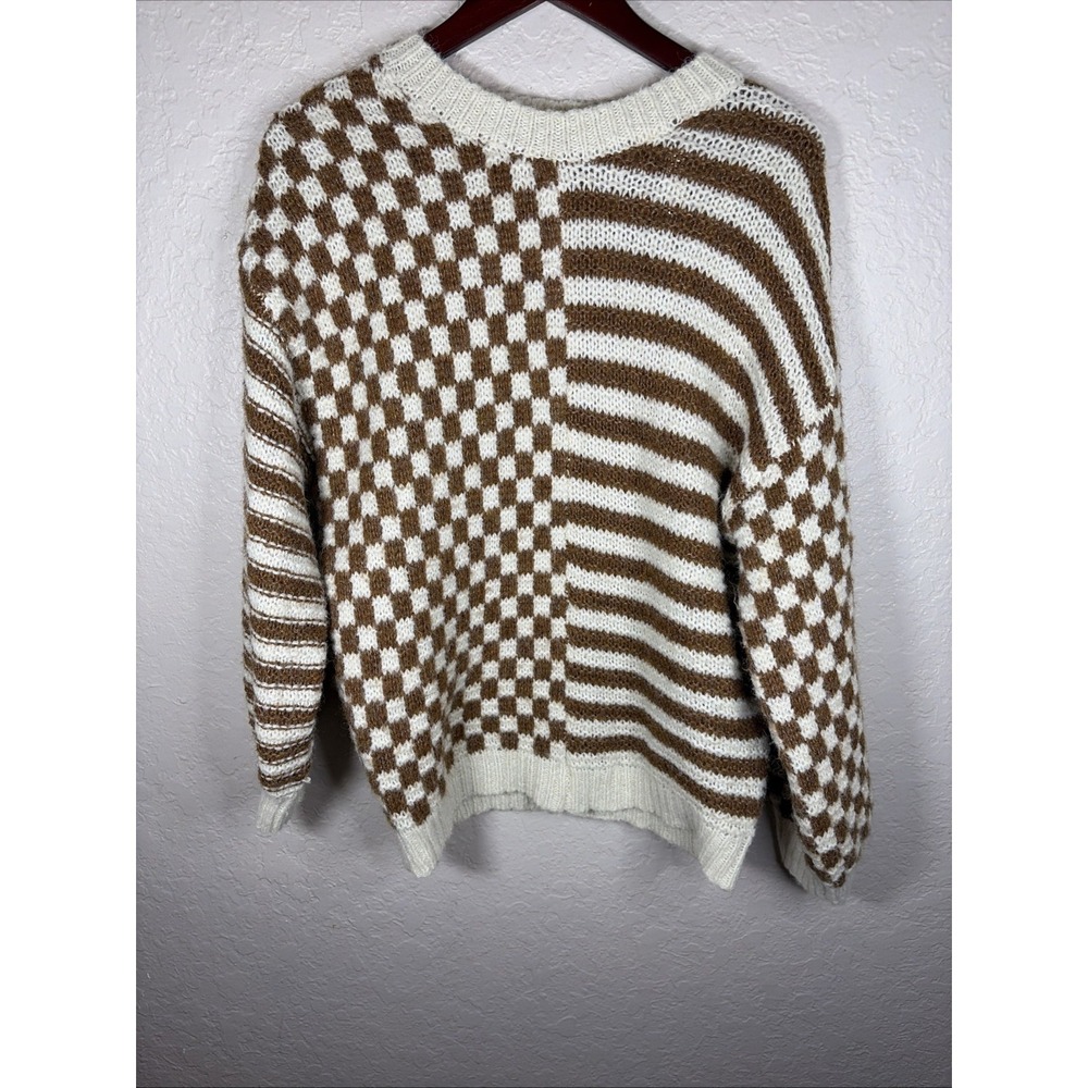 Blu Pepper Stripe & Checkered Crewneck Knit Sweater, Cream/Caramel, Size Small